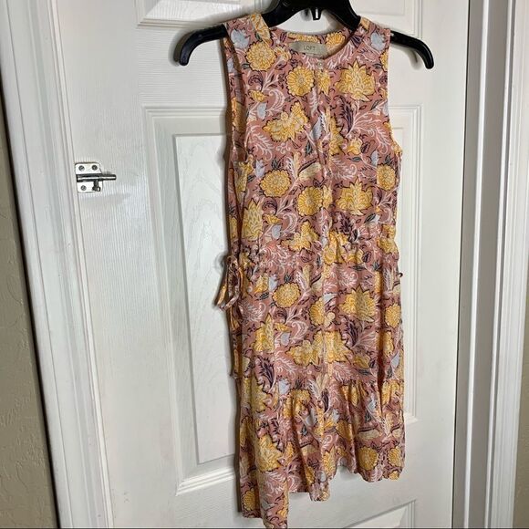 Loft Extra Small Pink Yellow Floral Elastic Waist Sleeveless W/ Pockets Dress - Picture 3 of 9